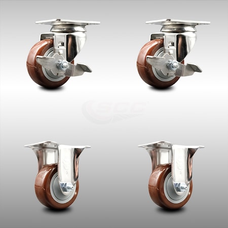 Service Caster 3 Inch 316SS Maroon Polyurethane Swivel Top Plate Caster Brake 2 Rigid SCC, 2PK SCC-SS31620S314-PPUB-MRN-TLB-2-R-2